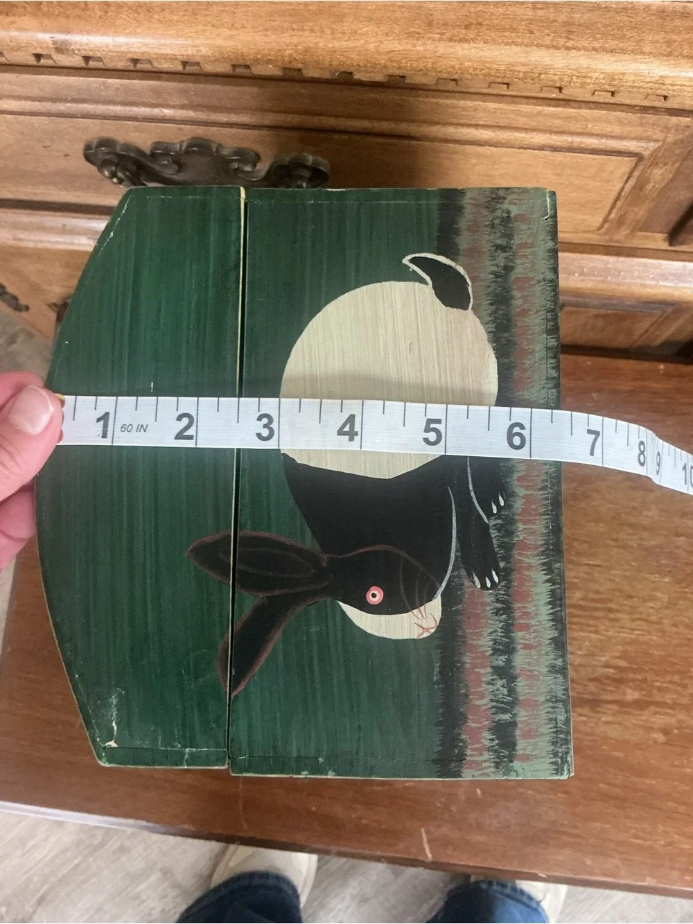 Vintage Warren Kimble Wooden Box Folk Art Green Trunk Bunny Rabbit Keepsake 12